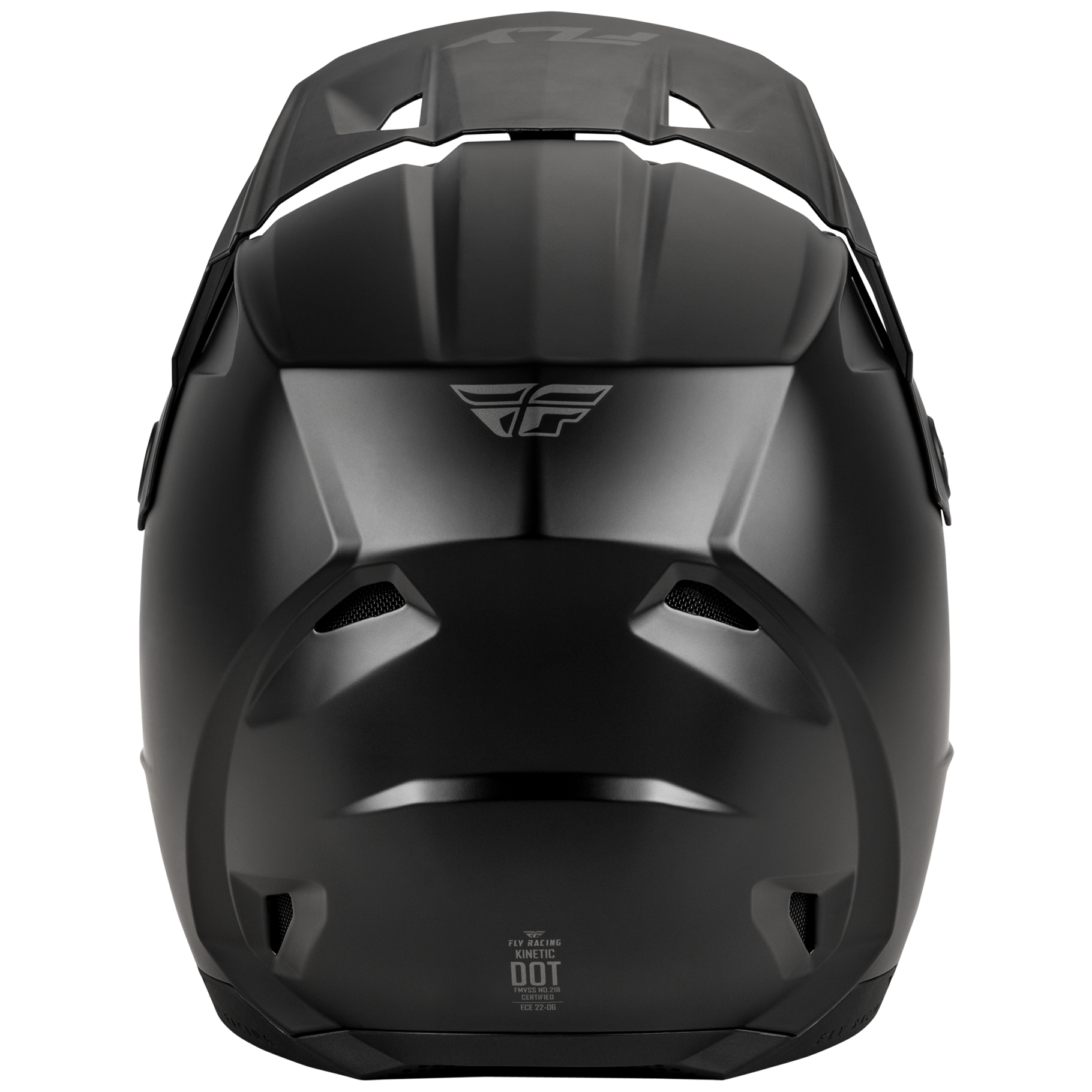 Rear view of the matte black FLY Racing Kinetic Solid Youth Helmet, showcasing the aggressive True Functional Ventilation intake ports, sleek solid contour lines, and integrated roost nose guard.