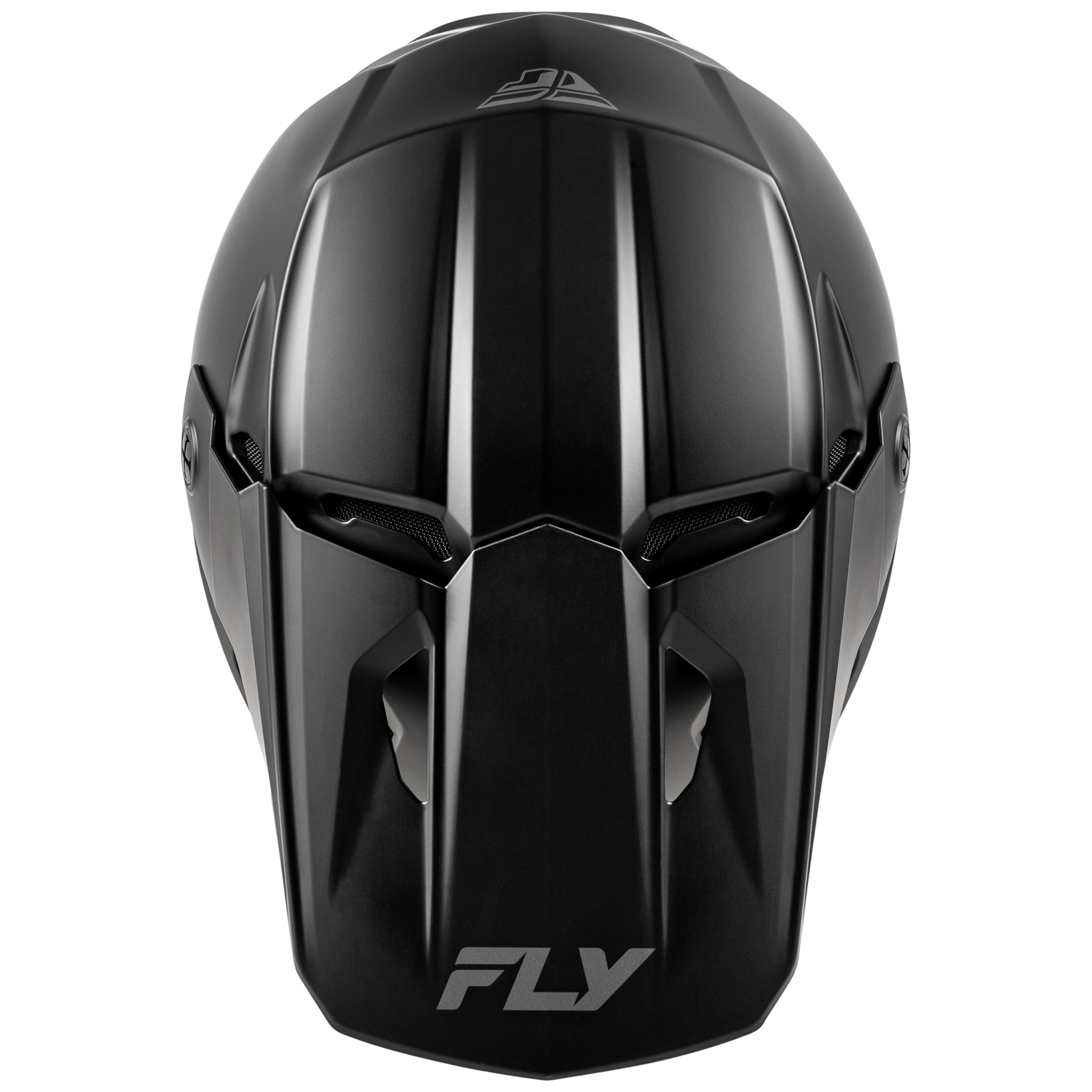 Top view of the matte black FLY Racing Kinetic Solid Youth Helmet, showcasing the aggressive True Functional Ventilation intake ports, sleek solid contour lines, and integrated roost nose guard.
