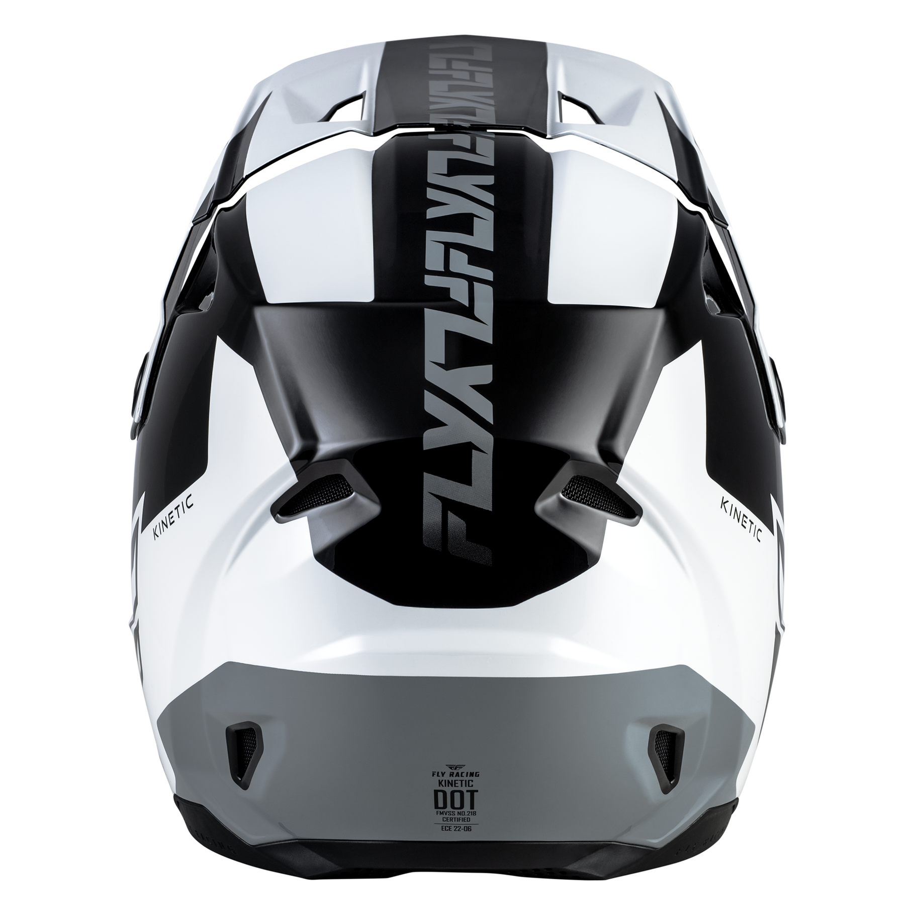 Rear view of the FLY Racing Kinetic Crest Helmet in black displaying the sharp geometric graphic scheme, integrated roost guard, and rear detail.
