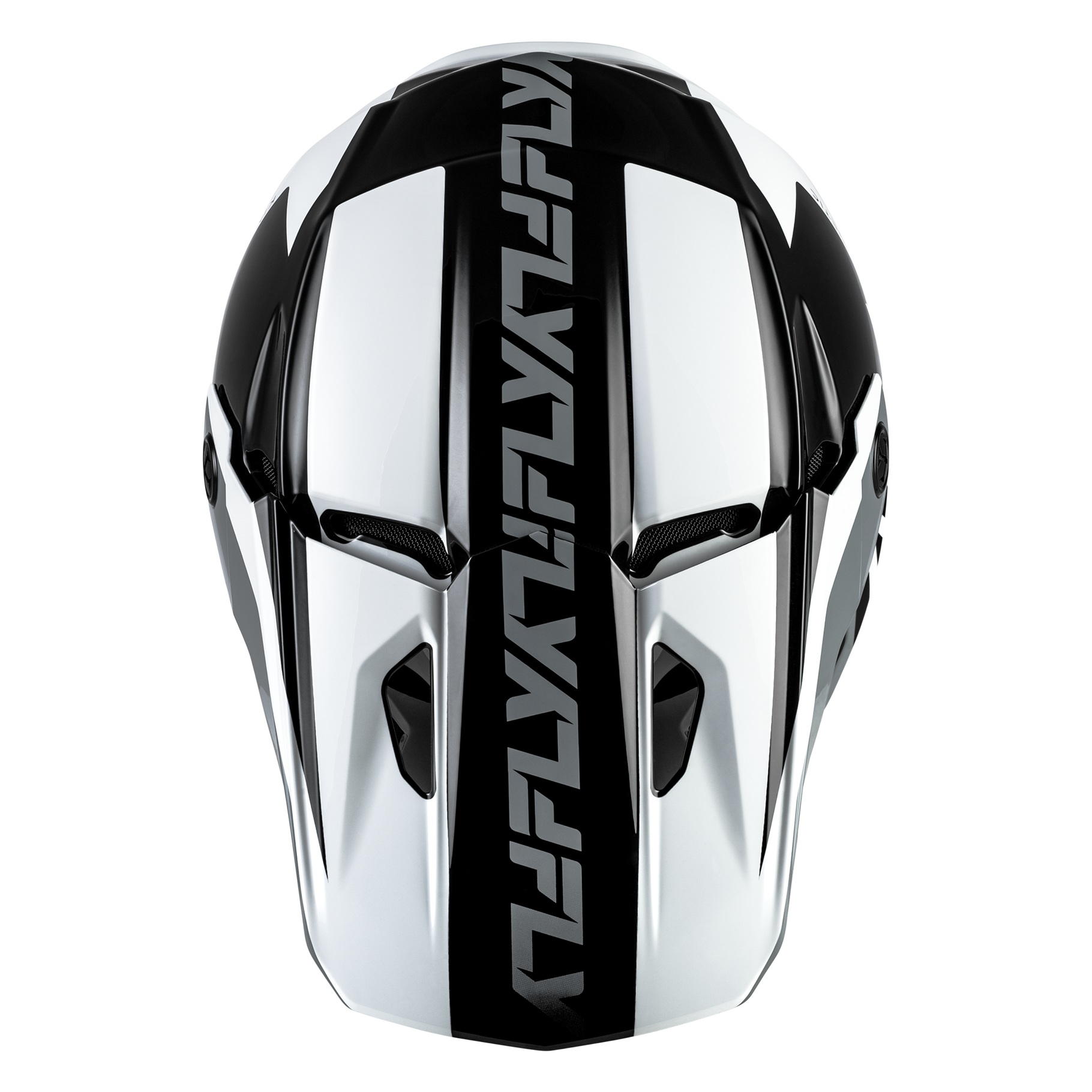 Top view of the FLY Racing Kinetic Crest Helmet in black displaying the sharp geometric graphic scheme, integrated roost guard.