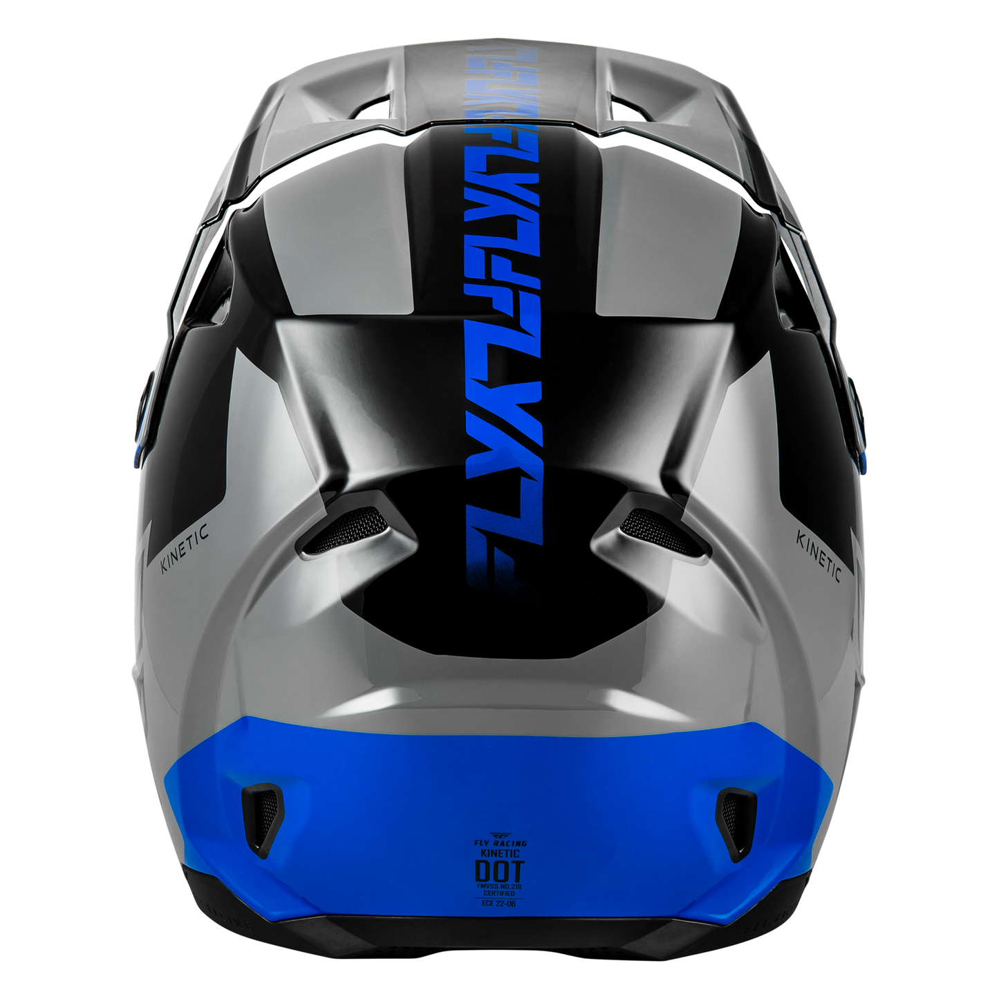 Rear view of the FLY Racing Kinetic Crest Helmet in blue displaying the sharp geometric graphic scheme, integrated roost guard, and rear detail.