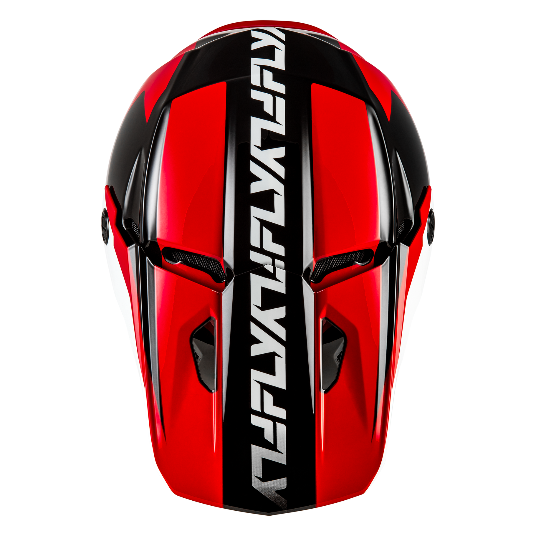 Top view of the FLY Racing Kinetic Crest Helmet in red displaying the sharp geometric graphic scheme, integrated roost guard.