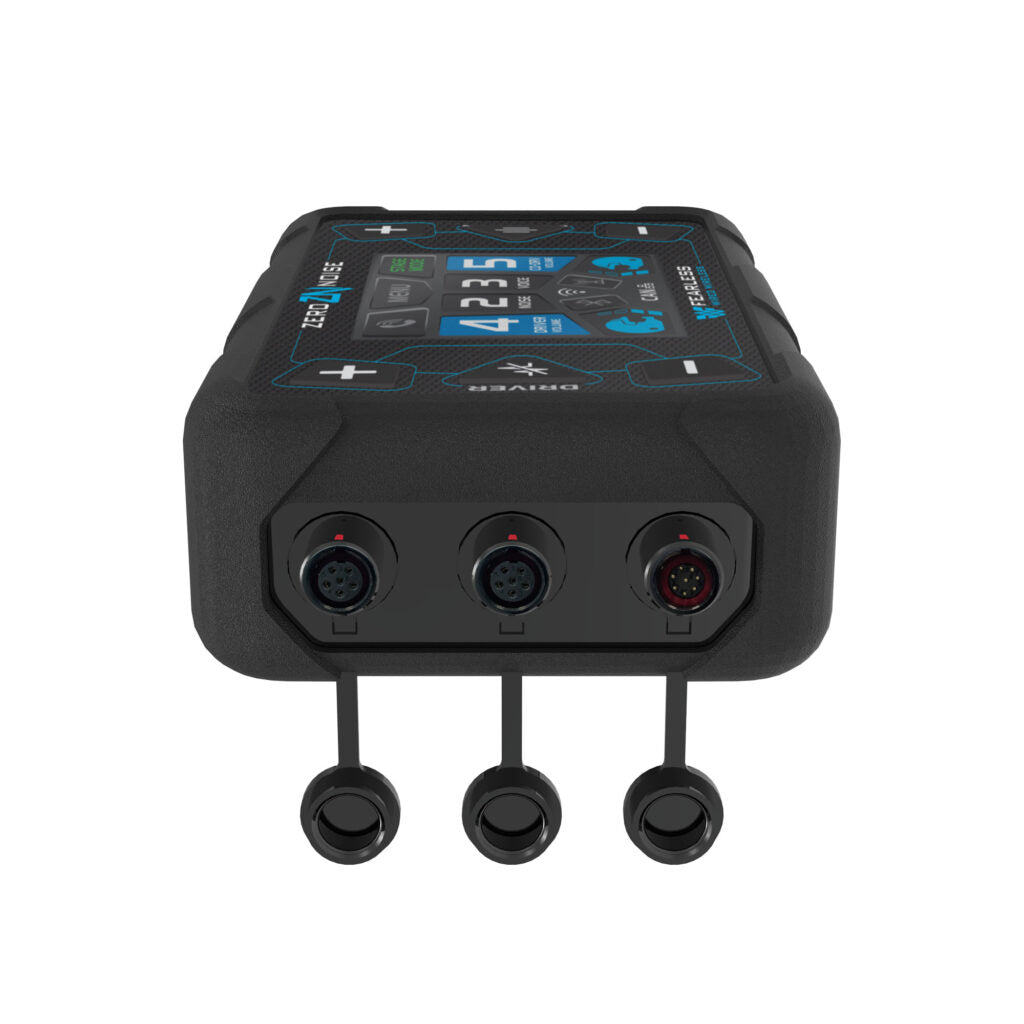 ZeroNoise Fearless Wireless WW digital intercom amplifier inside a high-visibility orange protective silicone cover showing the integrated input cables, USB-C port, and RCA audio output socket showing connection ports