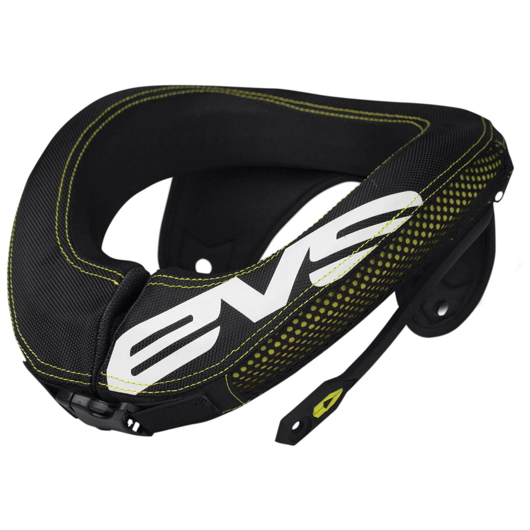 Front view of the black EVS R3 Adult Race Neck Protector collar, highlighting its contoured shoulder-fit shape, the front loop closure mechanism, and attached elastic underarm retention straps.