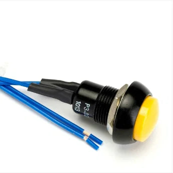 A black industrial push-button with a yellow circular face and three blue wires, shown on a white background. Cartek Battery Isolator external button in yellow