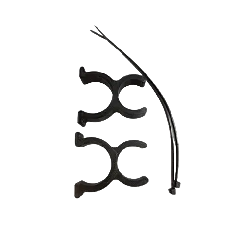 A pair of black heavy-duty FSS Fire Safety Stick roll cage mounting clips showing the robust composite polymer construction, engineered specifically to clamp onto 38mm or 40mm chassis tubing while providing a quick-release snap fit for the Fire Safety Stick.