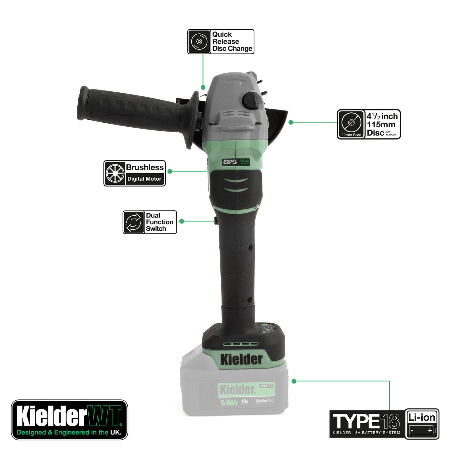 Kielder TYPE18 18V 115mm Angle Grinder | Brushless