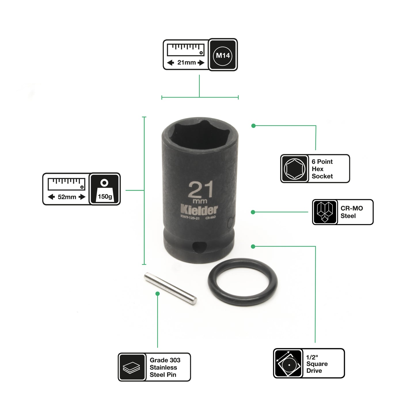 Kielder Impact Sockets - Full Range with Pin & O-Ring (52mm Long)