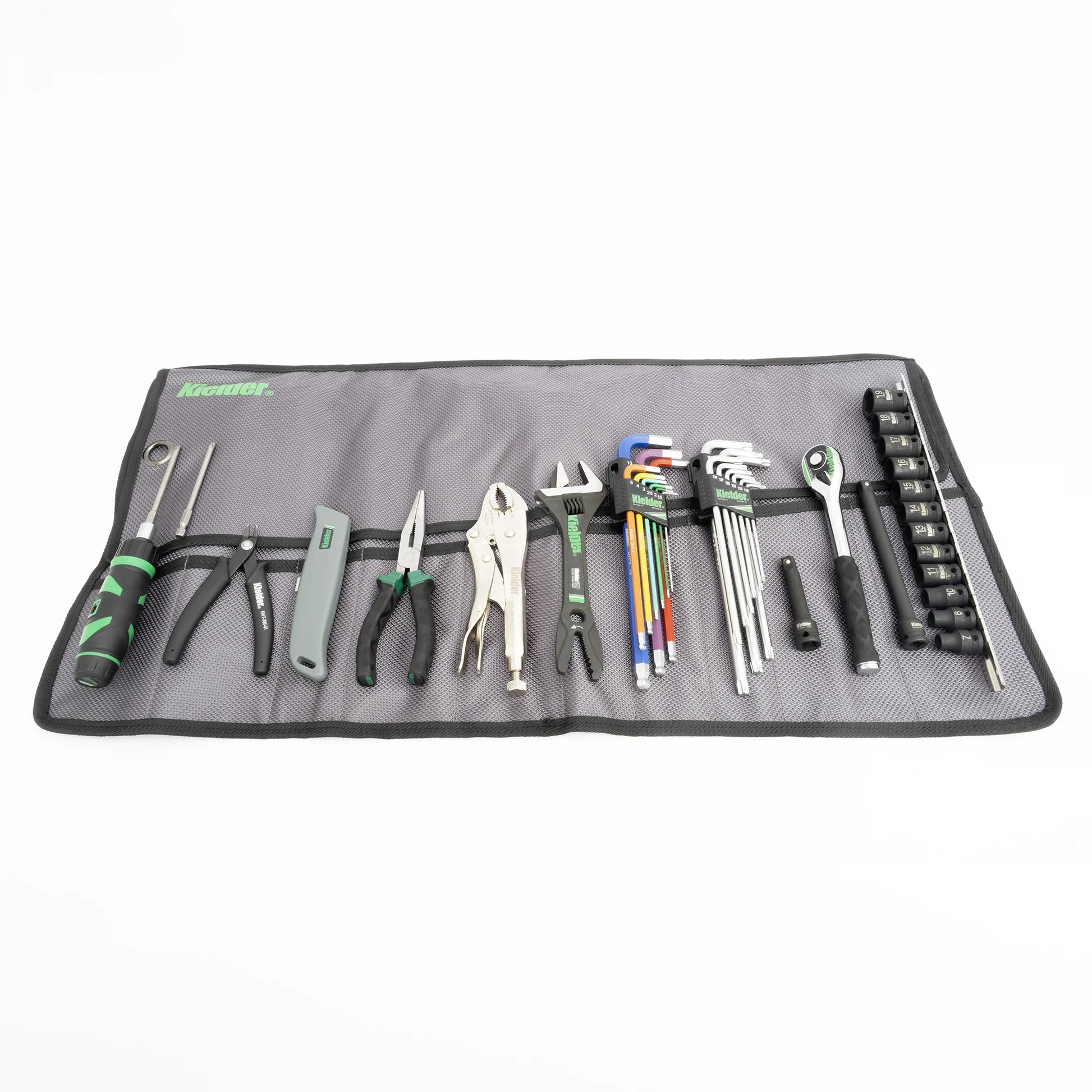 Kielder KWT-250 loaded hand tool roll technician kit open with tools showing