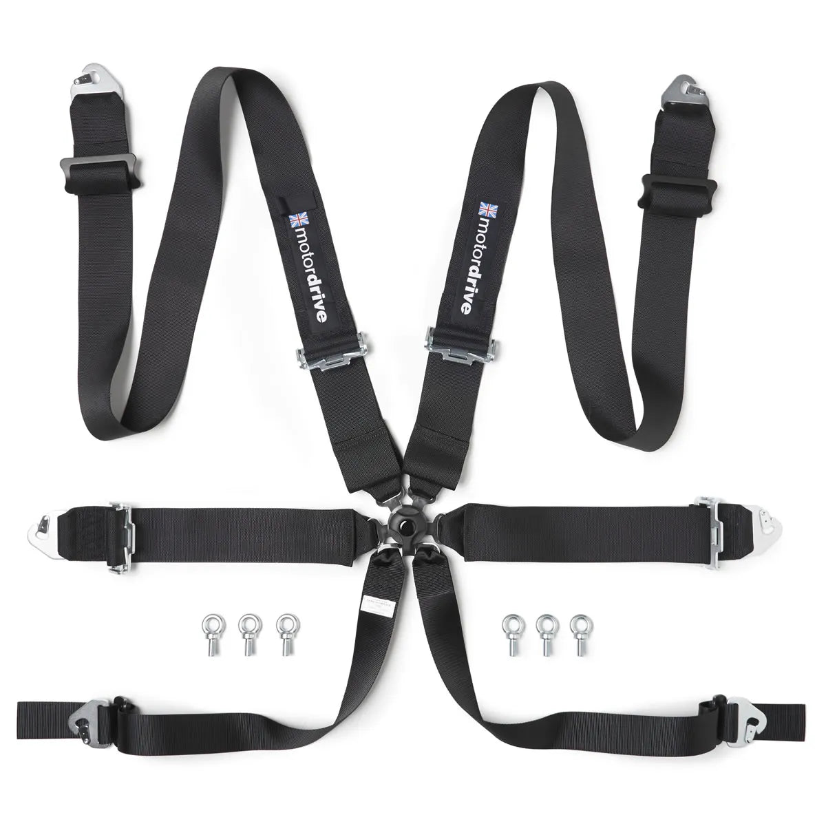 Motordrive 6 point TRS racing harness laid out 3 inch 2 HANS system