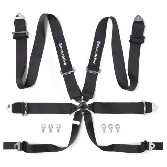 Motordrive 6 point TRS racing harness laid out 3 inch 2 HANS system