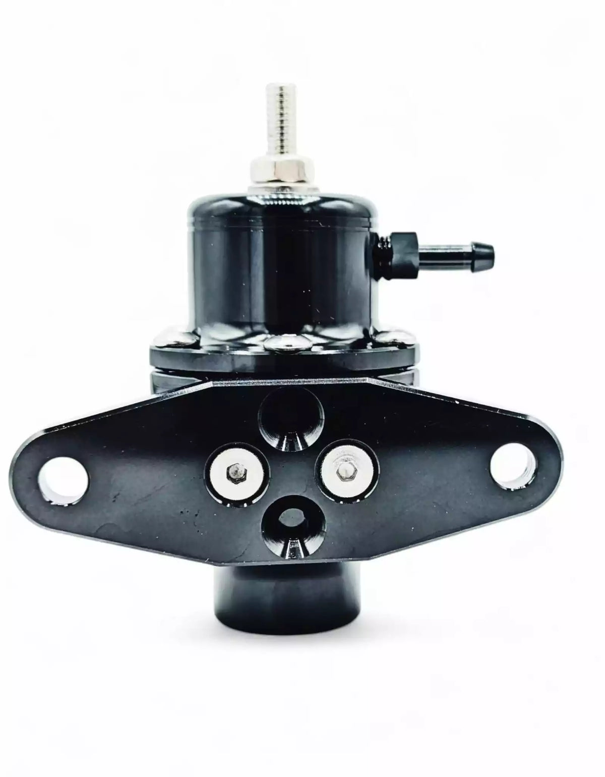 A black automotive fuel pressure regulator with a metal mounting bracket, featuring a threaded connector at the top and a small port on the side, shown against a plain white background.