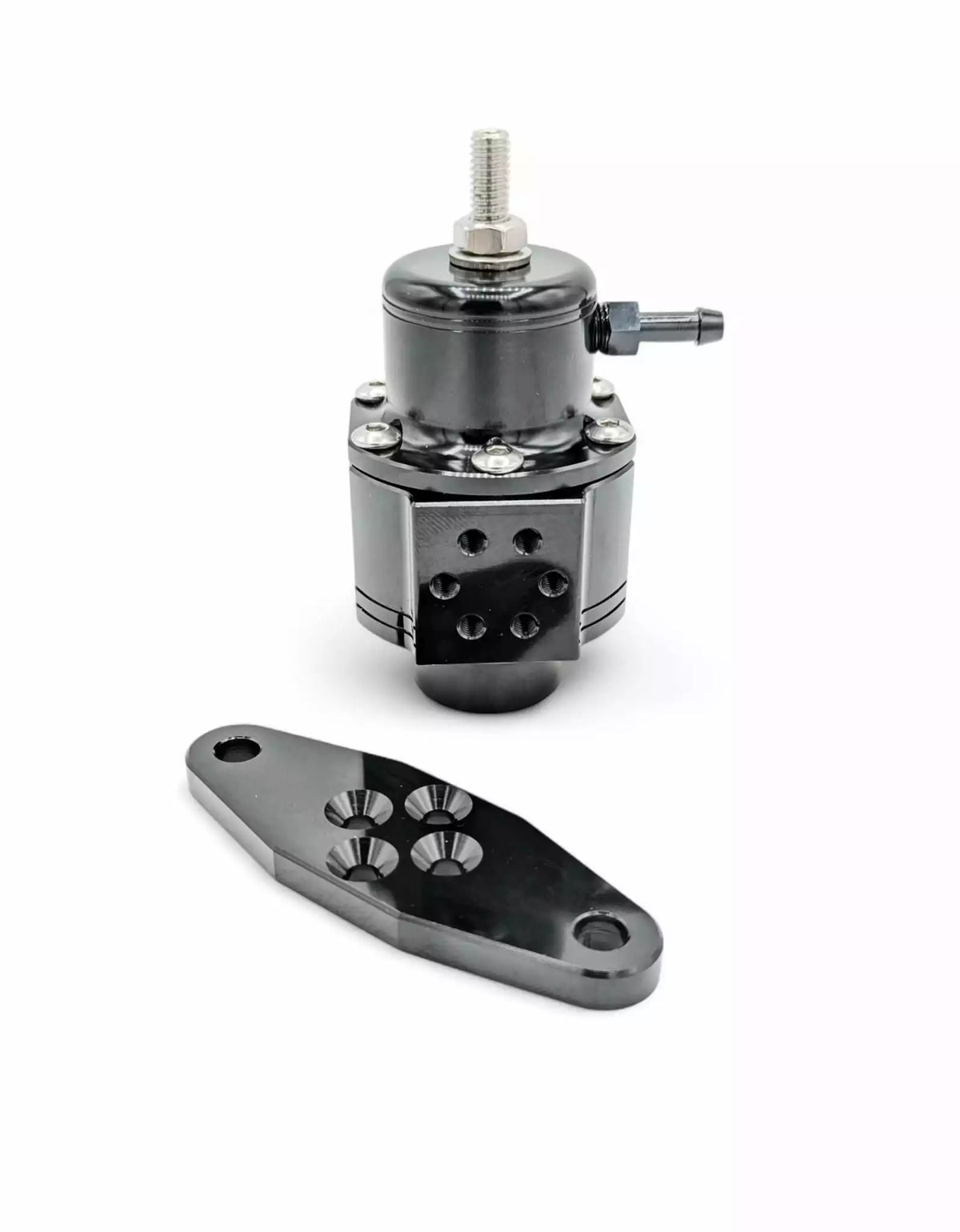 A black metal automotive fuel pressure regulator with silver screws and a short black hose, shown against a plain white background.