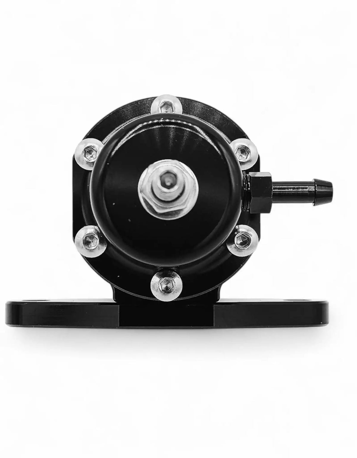 A black metal automotive fuel pressure regulator with silver screws and a short black hose, shown against a plain white background.