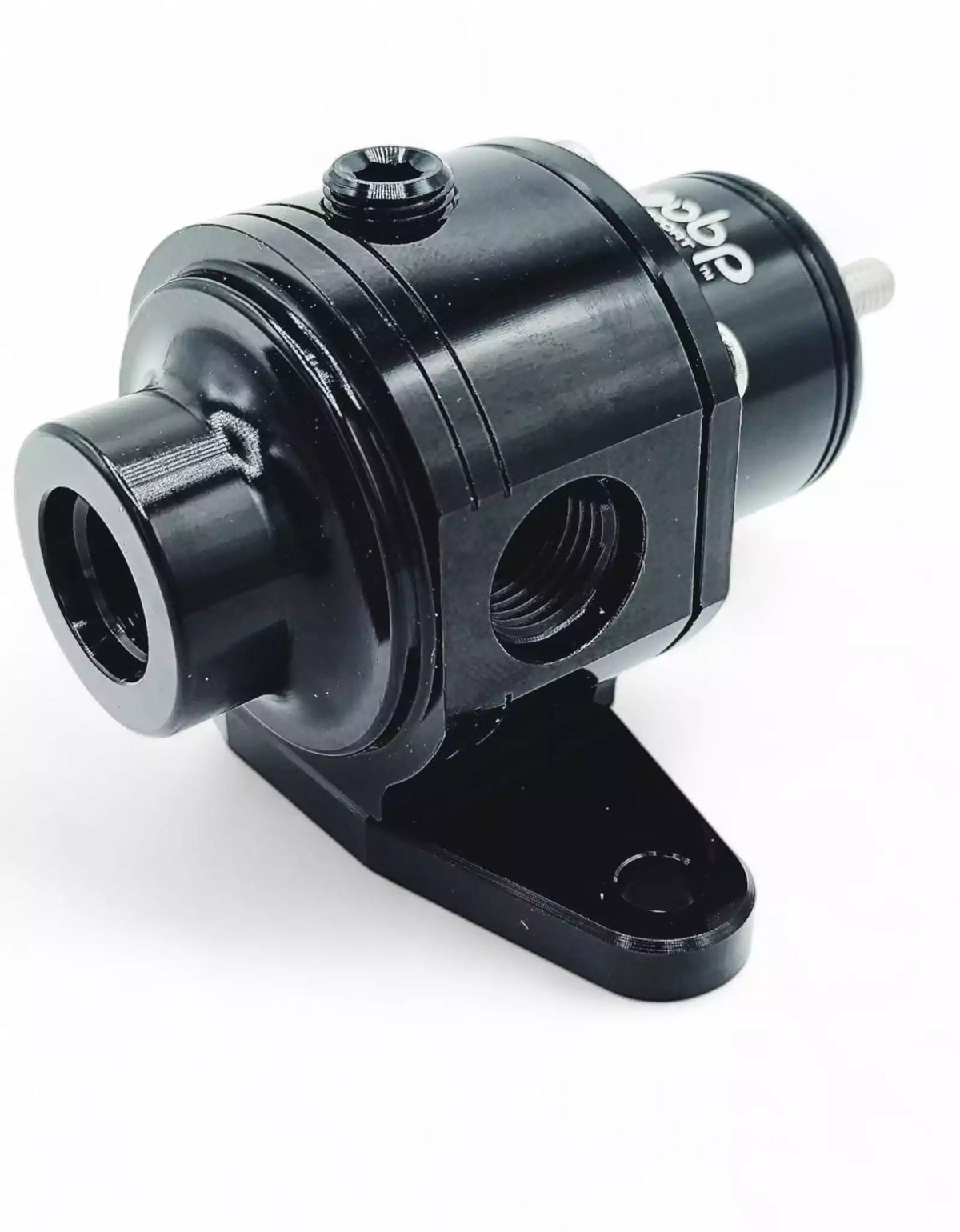 A black metal automotive fuel pressure regulator with silver screws and a short black hose, shown against a plain white background.