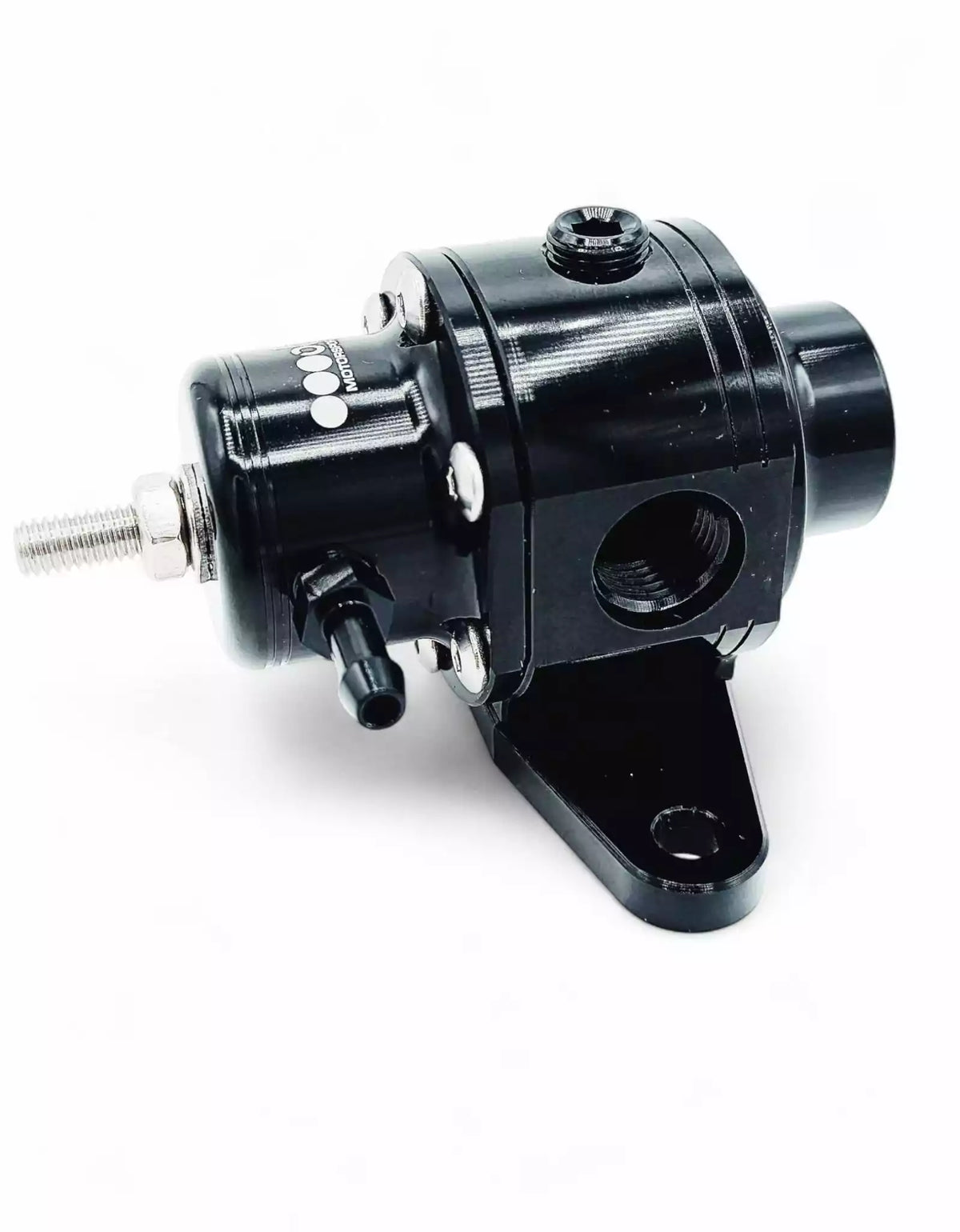 A black metal automotive fuel pressure regulator with silver screws and a short black hose, shown against a plain white background.