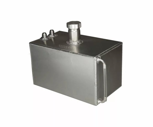 Fabricated aluminum rectangular motorsport fuel tank by obp Motorsport featuring neat TIG welds, a centralized silver knurled screw cap filler, and three top-mounted male JIC 10 AN threaded line fittings for inlet, outlet, and breather ports.