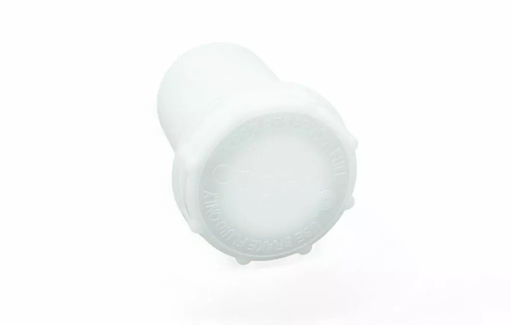 OBP Motorsport white translucent remote brake fluid reservoir showing the cap end