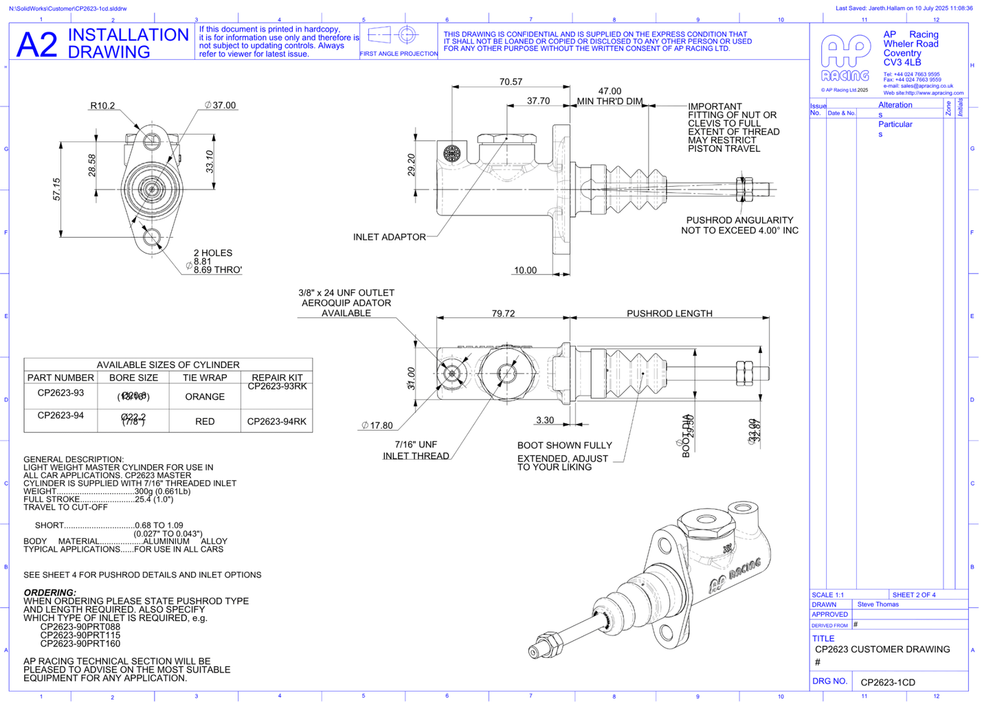 AP CP2623 Master Cylinder - Race Rally Supplies