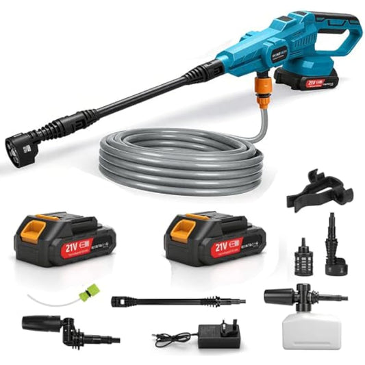 Cordless 21V Pressure Washer – 2x Batteries, 6-in-1 Nozzles - Race Rally Supplies