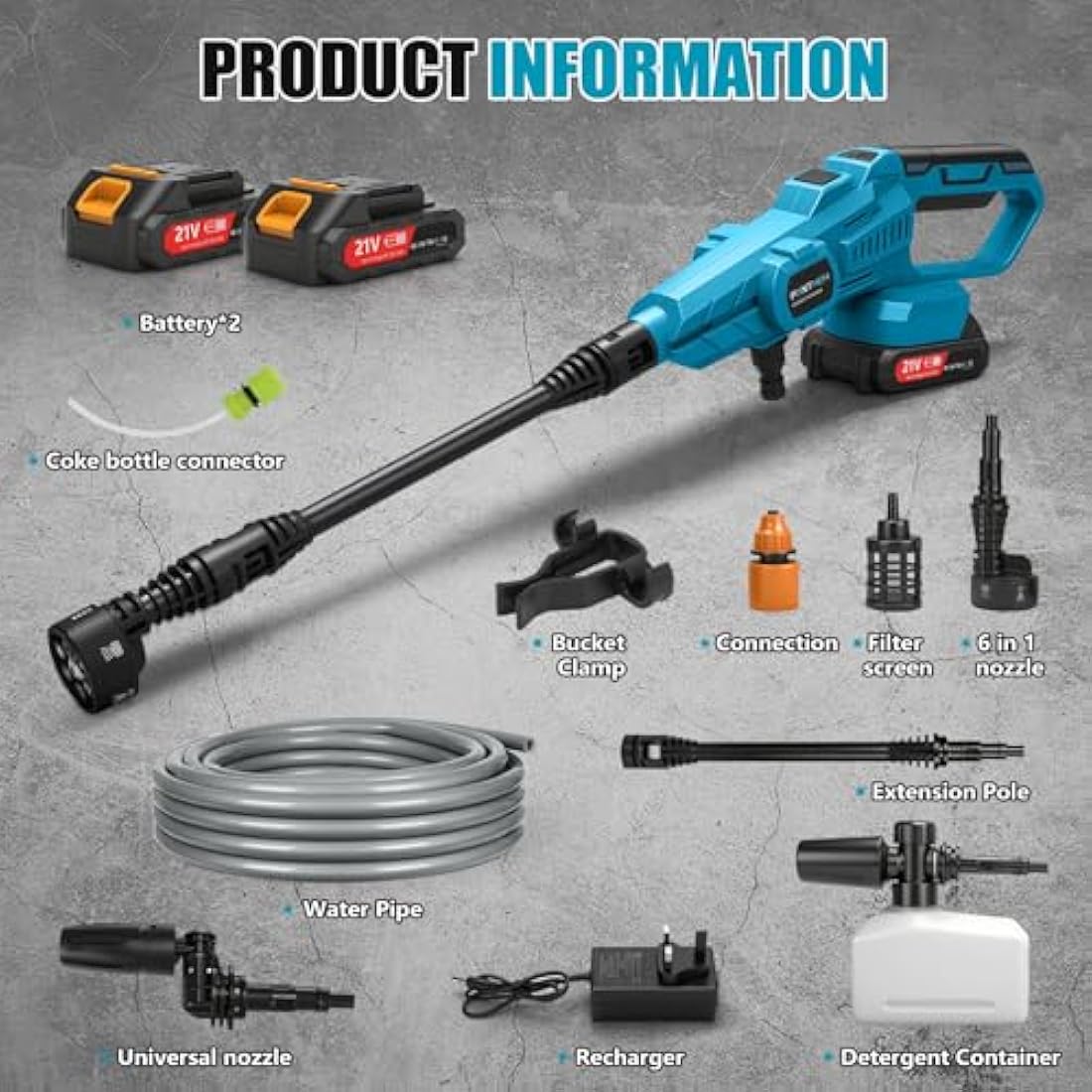 Cordless 21V Pressure Washer – 2x Batteries, 6-in-1 Nozzles - Race Rally Supplies