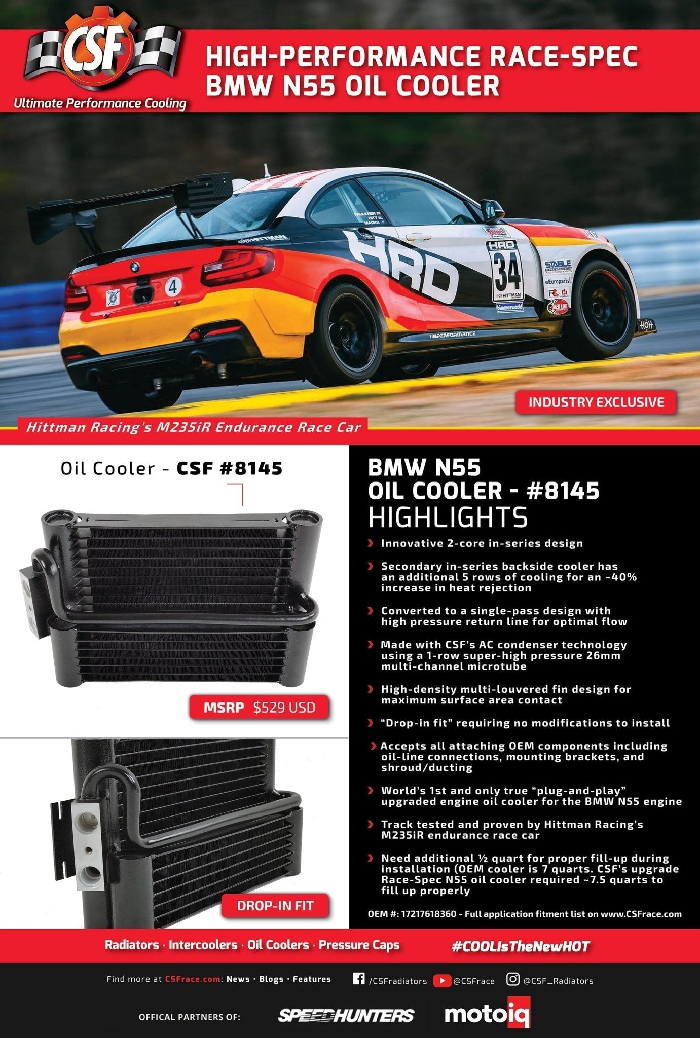 CSF BMW F3X / F2X (N55) Race - Spec Oil Cooler - Race Rally Supplies