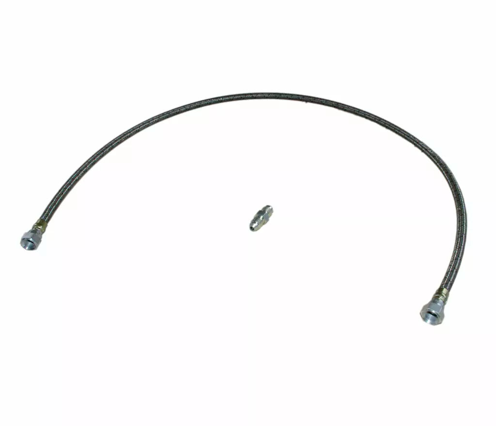 OBP Motorsport stainless steel braided reservoir feed line with a 7/16 UNF female end fitting alongside a male-to-male adapter block.