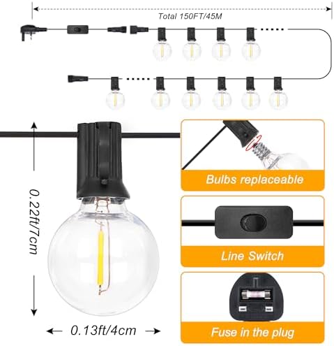 DSLebeen Festoon Lights Outdoor Garden: LED String Lights Mains Powered 45M 150FT G40 Globe Bulbs Warm White 2700K Connectable Decorative Outside Lighting Hanging for Patio, Gazebo, Pergola, Yard - Race Rally Supplies