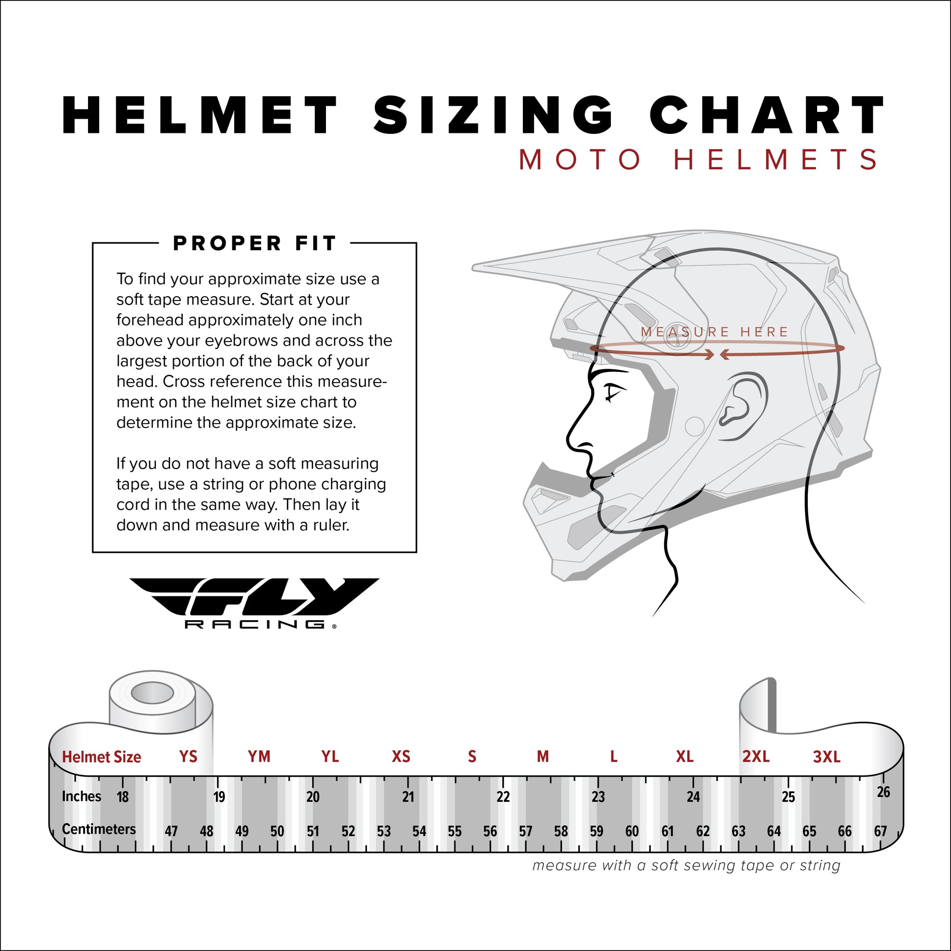 Helmet sizing chart for Fly MX Moto Helmets with a measurement guide and Fly Racing logo.