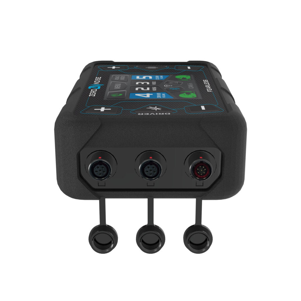 Front straight-on view of the re-engineered ZeroNoise Fearless ClearVoice digital amplifier featuring the upgraded 36 percent larger multi-colour graphic interface screen, black silicone housing, and panel-mounted connection cables, showing connection ports