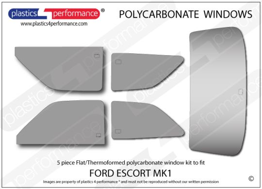 FORD - Escort Mk1 - Lexan Polycarbonate window kit- Thermoformed and Flat, CNC profile cut 5 or 7 piece