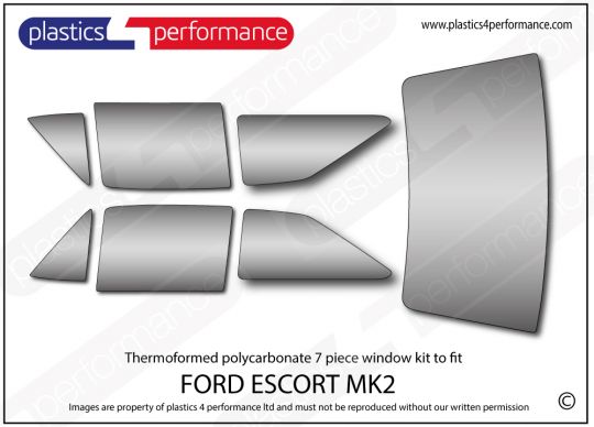FORD - Escort Mk2 - Lexan Polycarbonate window kit- Thermoformed and Flat, CNC profile cut 5 or 7 piece