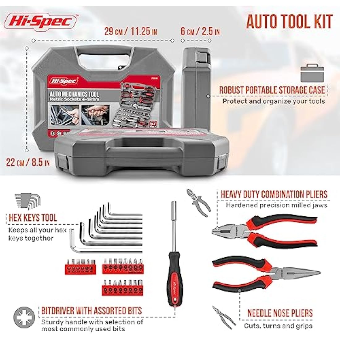 Hi-Spec 67-Piece Car & Garage Tool Kit – Compact Automotive Repair Set - Race Rally Supplies