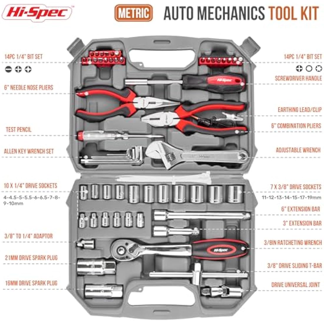 Hi-Spec 67-Piece Car & Garage Tool Kit – Compact Automotive Repair Set - Race Rally Supplies