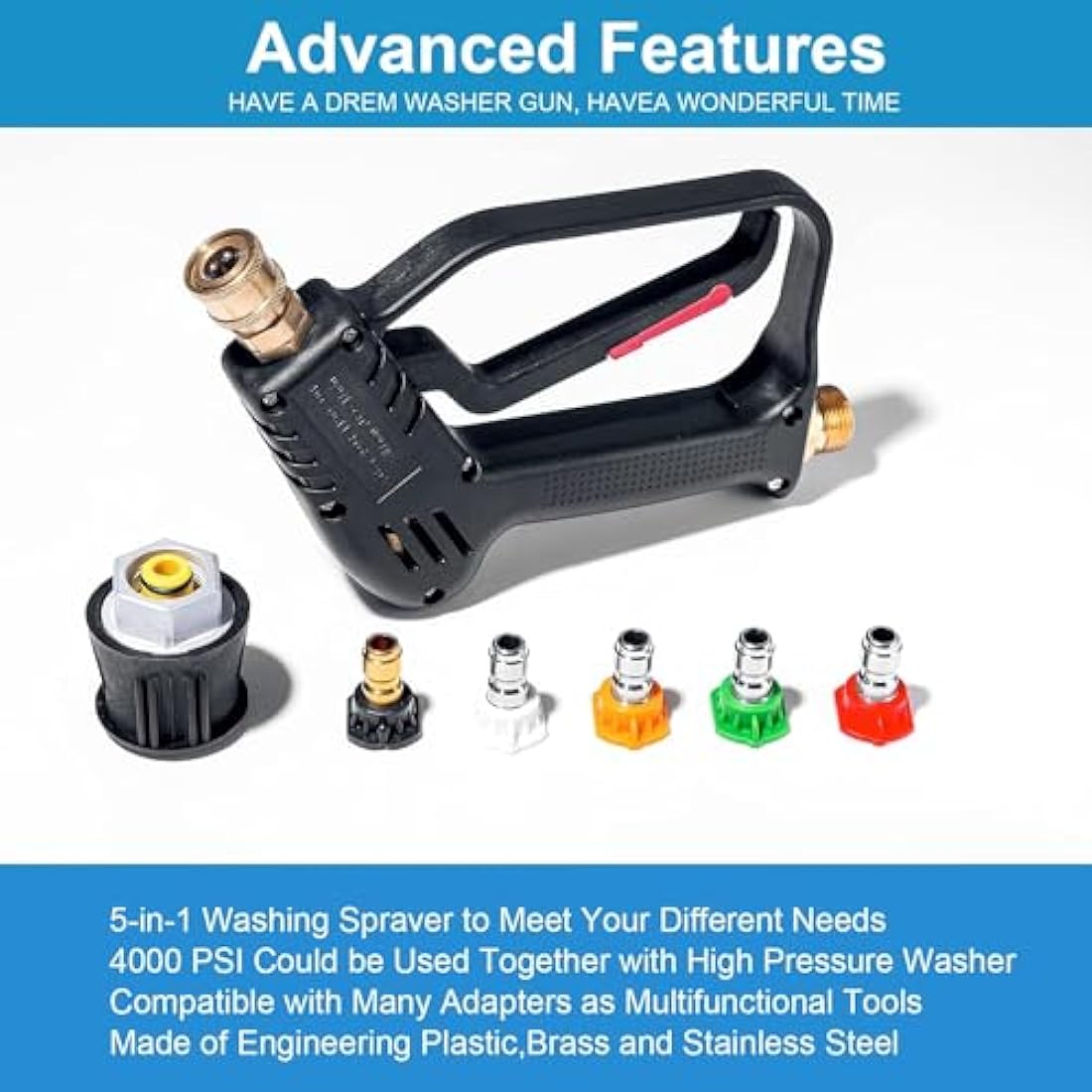 High-Pressure Washer Gun – 5 Nozzles, M22 & 1/4″ Quick Connect, 4350 PSI - Race Rally Supplies
