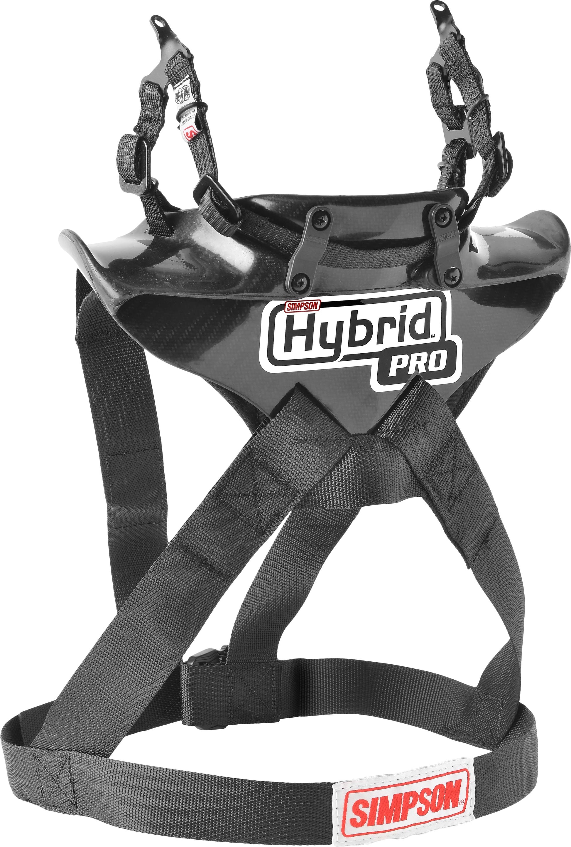 Simpson Hybrid Pro Lite carbon fibre FHR head and neck restraint showing the premium gloss carbon weave collar architecture, integrated low-profile torso body straps, and pre-fitted sliding HANS tethers on a clean background.