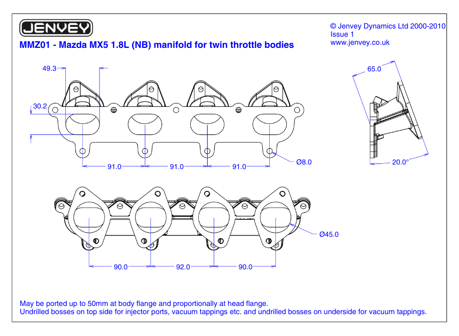 Jenvey Inlet manifold for Mazda MX5 1.8 NB (not suitable for Carburettors) - Race Rally Supplies