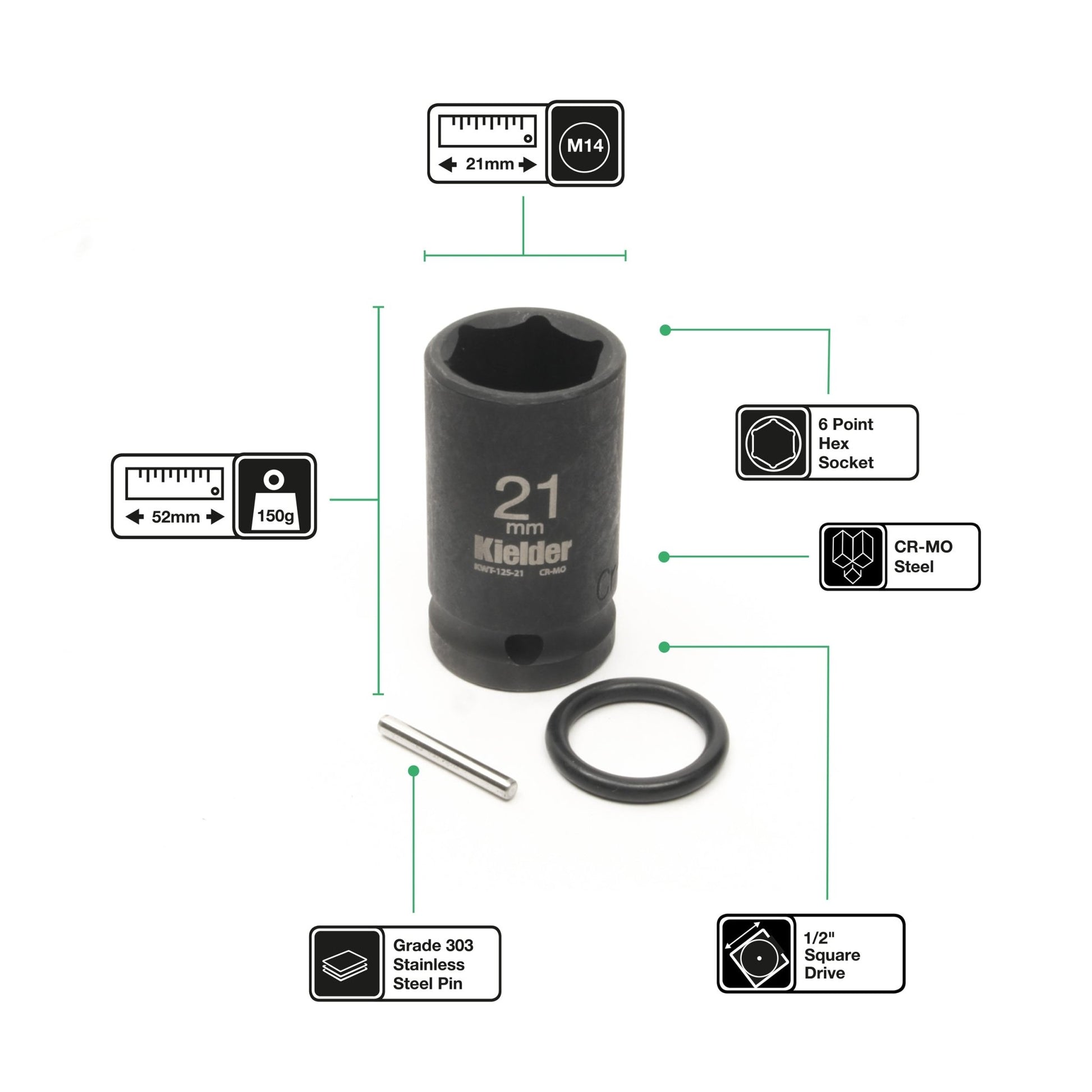 Kielder Impact Sockets - Full Range with Pin & O-Ring (52mm Long) - Race Rally Supplies