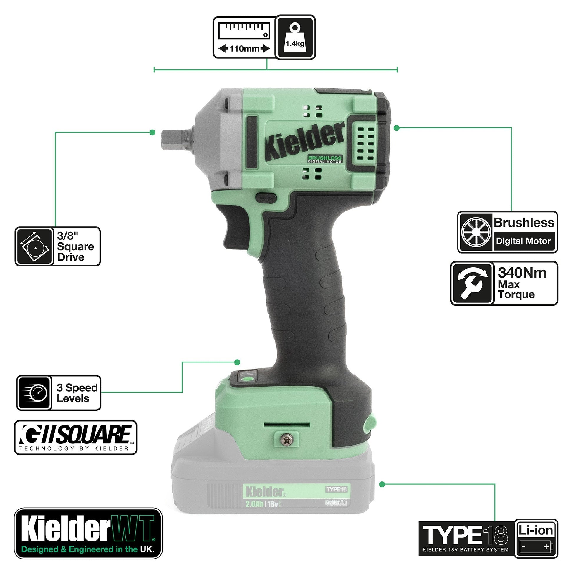 Kielder TYPE18-075 18v 3/8" Ultra Compact Impact Wrench Kit - Race Rally Supplies