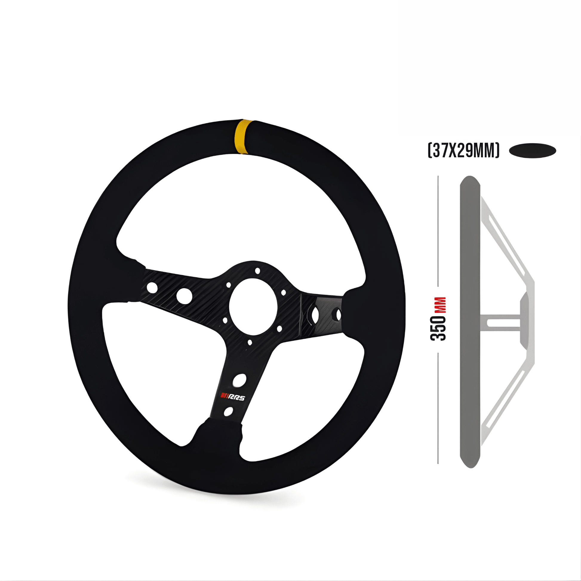 350mm carbon fibre motorsport steering wheel front view with three-spoke dished design