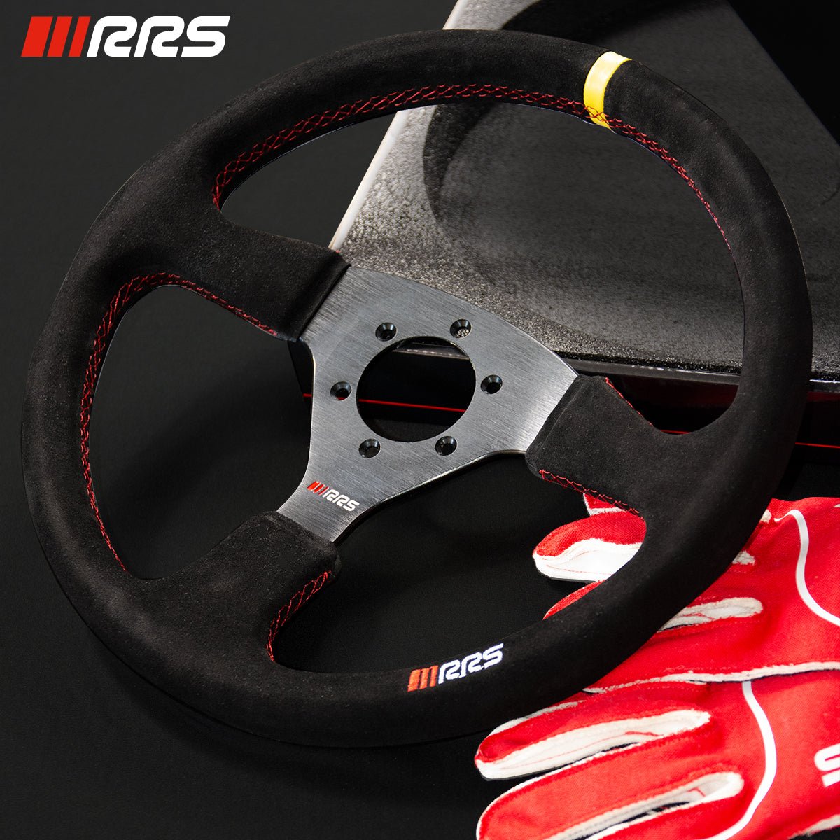 RRS Veloce EVO Steering Wheel, 350mm, Flat, Black Vegan Suede with Corrugated inner for Extra Grip - Race Rally Supplies