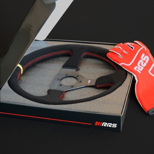 RRS Veloce EVO Steering Wheel, 350mm, Flat, Black Vegan Suede with Corrugated inner for Extra Grip - Race Rally Supplies