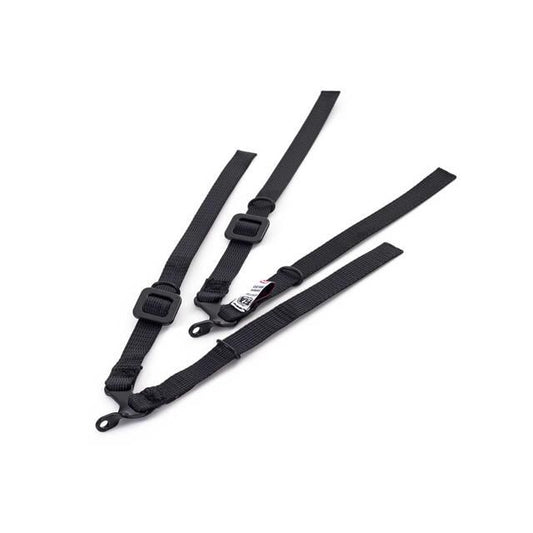 Simpson Hybrid quick release sliding tether kit showing the ultra-strong black synthetic webbing strap, low-friction alignment loops, and specialized silver quick-disconnect end brackets on a clean background.