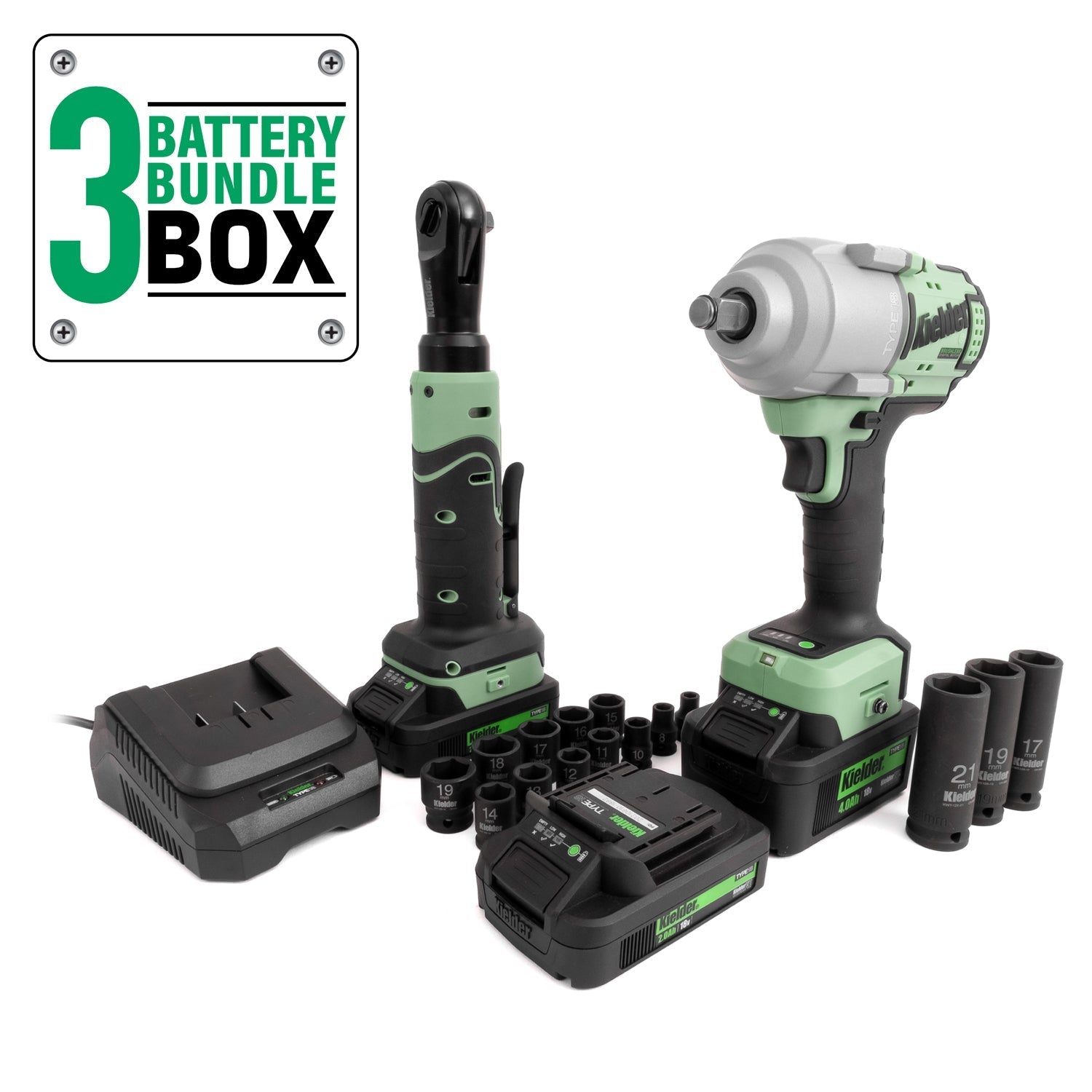 TYPE18 18v High Torque Impact Wrench, 3/8" Ratchet, 1x 2.0 Ah & 2 x 5.0Ah batteries, Sockets (Box Kit) - Race Rally Supplies