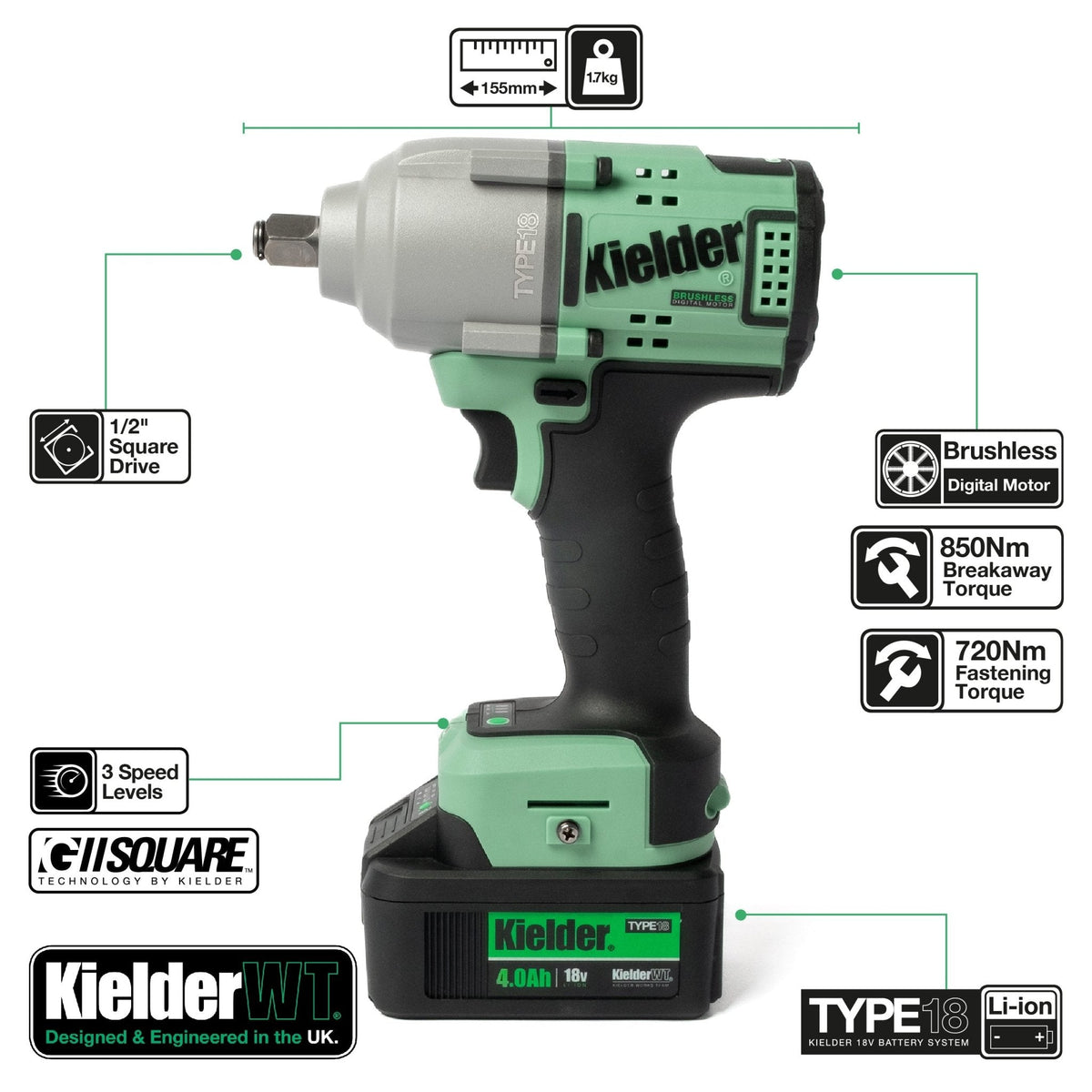 TYPE18 18v High Torque Impact Wrench, 3/8" Ratchet, 1x 2.0 Ah & 2 x 5.0Ah batteries, Sockets (Box Kit) - Race Rally Supplies