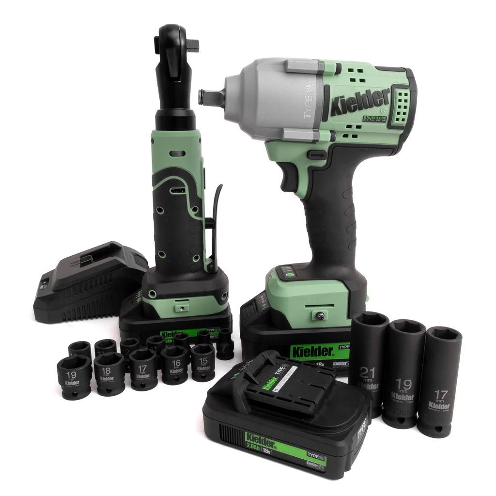 TYPE18 18v High Torque Impact Wrench, 3/8" Ratchet, 1x 2.0 Ah & 2 x 5.0Ah batteries, Sockets (Box Kit) - Race Rally Supplies