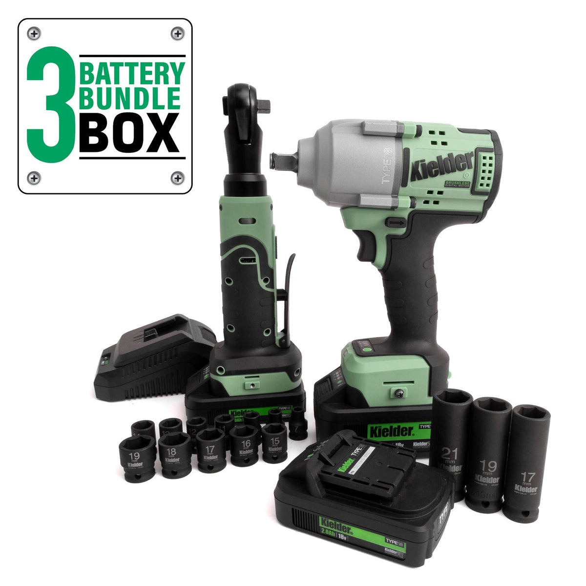 TYPE18 18v High Torque Impact Wrench, 3/8" Ratchet, 1x 2.0 Ah & 2 x 5.0Ah batteries, Sockets (Box Kit) - Race Rally Supplies